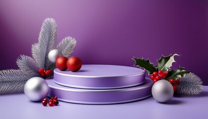 Empty purple podiums on lilac background with silver and red ball decorations and holly branches with red berries. Christmas concept