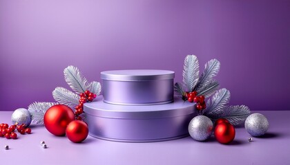 Empty purple podiums on lilac background with silver and red ball decorations and holly branches with red berries. Christmas concept