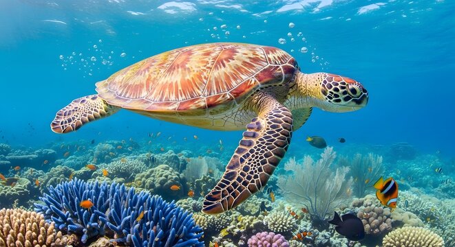 A vibrant underwater scene featuring a sea turtle swimming above colorful coral reefs and tropical fish in clear ocean water