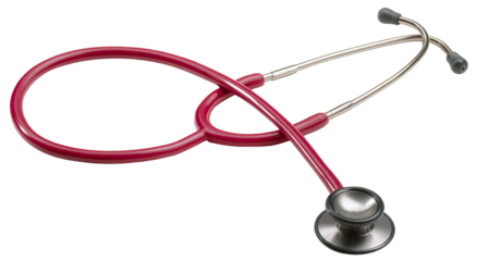 Detailed red stethoscope illustration with silver accents on transparent background