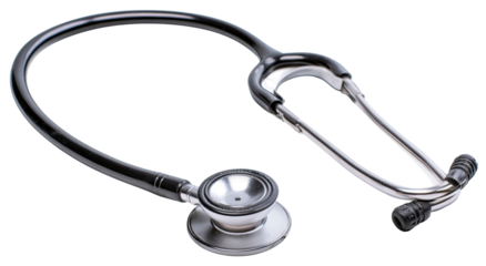 Silver stethoscope with detailed tubing and chestpiece on transparent background