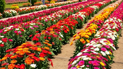 orderly. Garden with flowers arranged by color in neat rows under daylight. gardening catalogs, home-decor guides, designed for home decor and floral branding and gardening and botanical catalogs.