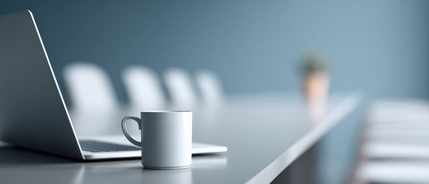 Minimalist workspace with laptop and white coffee mug on glossy table in modern meeting room with blurred chairs
