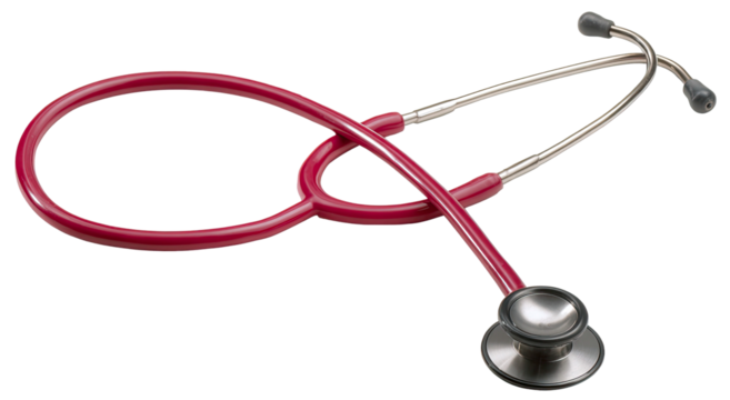 Detailed red stethoscope illustration with silver accents on transparent background