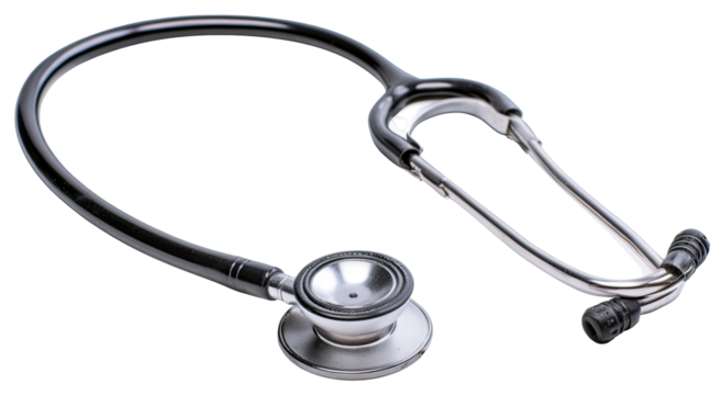 Silver stethoscope with detailed tubing and chestpiece on transparent background