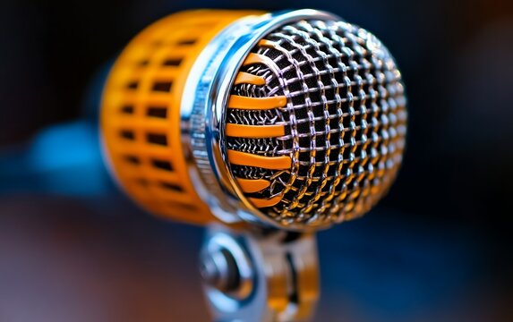 A vintage style microphone with warm golden lighting, evoking a nostalgic and professional audio setup
