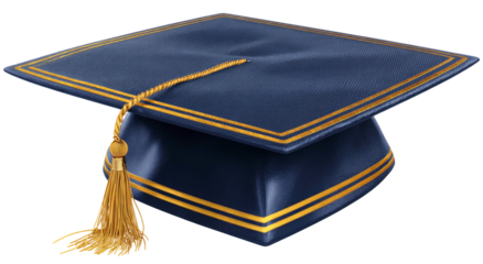 Detailed blue graduation cap with gold trim on transparent background
