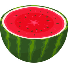 Close up of a juicy red watermelon cut in half revealing its seeds and flesh with green rind isolated on a transparent background