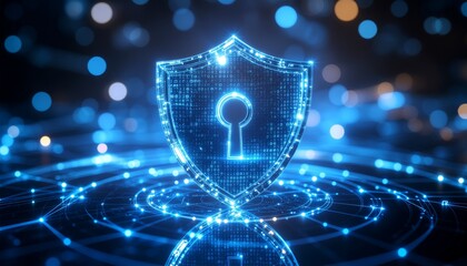 Digital Shield: Illustrating the concept of data protection and cyber security, this image presents a luminous, digital shield, emanating an aura of safeguarding. The shield.