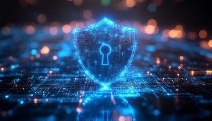 Cybersecurity Shield: Illuminated digital shield symbol representing robust protection, highlighting data safety and online security.