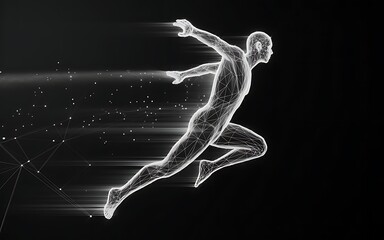 3d rendered illustration of a wireframe athlete running swiftly with speed lines and particle effects on a dark background.
