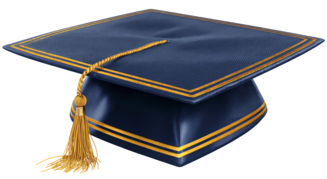 Detailed blue graduation cap with gold trim on transparent background
