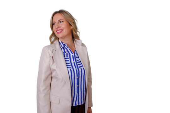 Confident blonde businesswoman smiling, looking away with a visionary and thoughtful expression, transparent background
