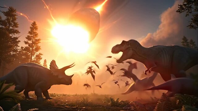 Asteroid impact on prehistoric earth with fleeing dinosaurs. Cataclysmic event in ancient world, global extinction concept, animation.