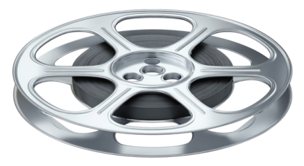 Silver metal film reel with circular design on transparent background