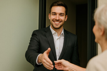 Smiling young professional man greeting guest with handshake at office entrance, business hospitality and welcome gesture