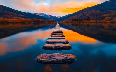 Surreal landscape with stepping stones creating path across reflective lake with mountain sunset