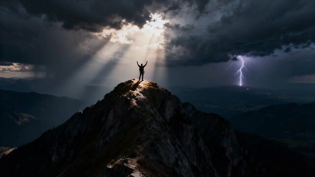 black storm chaser stands beneath shafts of light and lightning