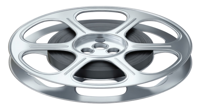 Silver metal film reel with circular design on transparent background