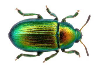 A vibrant iridescent jewel beetle detailed wing casings on transparent background