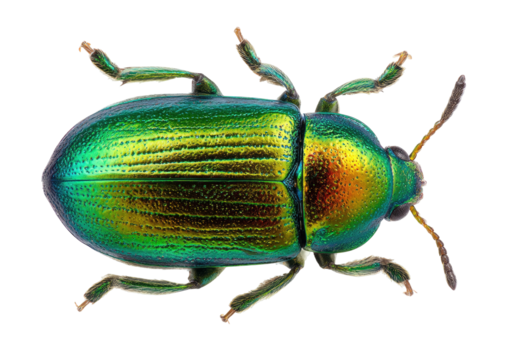 A vibrant iridescent jewel beetle detailed wing casings on transparent background