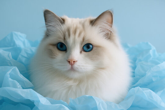 Fluffy white cat with striking blue eyes lying on soft blue fabric, adorable pet relaxing in calm home environment - Powered by Adobe