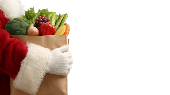 Santa claus arm holding a grocery bag of vegetables.