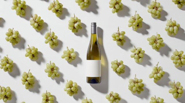 Elegant Overhead Arrangement of White Wine Bottle and Green Grapes on White Canvas Background