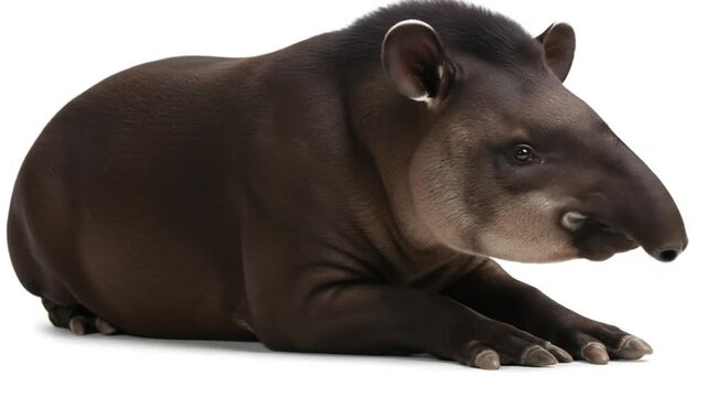 A dark-coated mammal with a distinctive prehensile snout and large ears rests on a white background