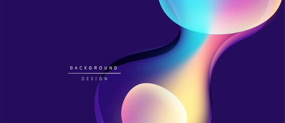 Abstract fluid shapes, vibrant colors, dark purple background. Modern design elements create dynamic visual impact. Smooth gradients present elegant composition.