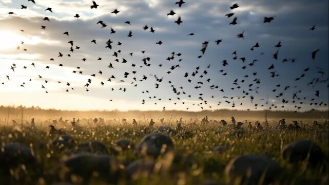 Large flock of common starlings flying across a green pasture in an agricultural field. Wildlife migration and aerial swarm footage.