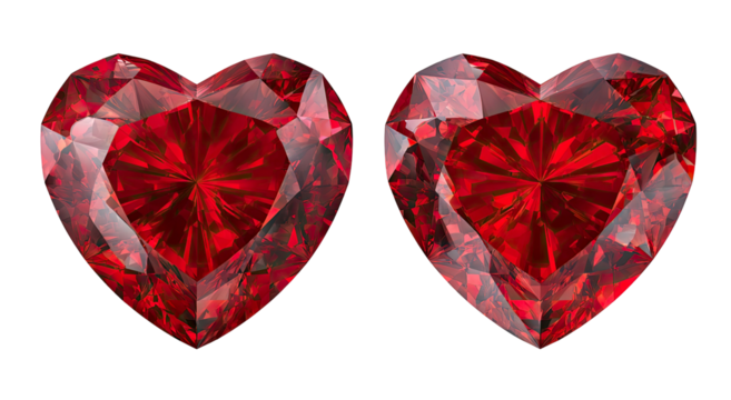 Two faceted red heart gems detailed and realistic on transparent background