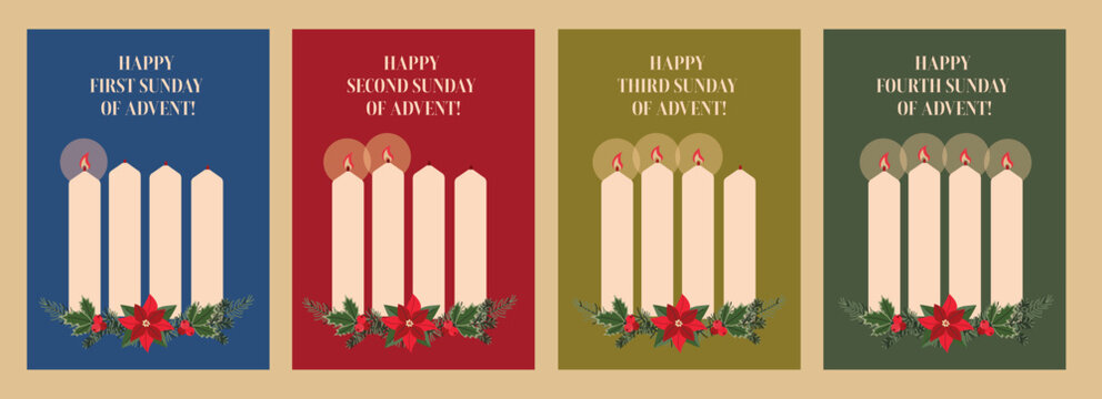 Advent candles set for four Sundays, festive illustration with lit candles and holiday greenery, flat vector design