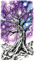 Gnarled Fantasy Tree Against a Cosmic Watercolor Sky
