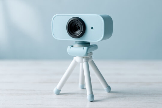 Modern compact digital webcam with tripod on wooden table, wireless conference camera for online meetings and video calls