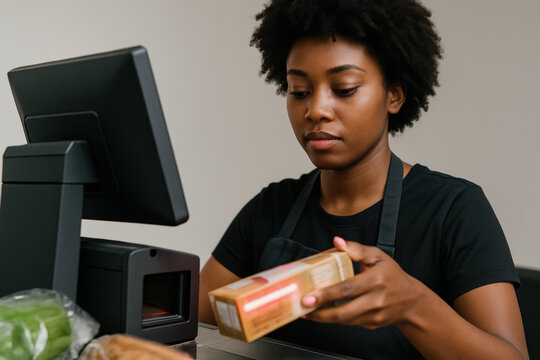 Focused cashier scanning groceries at checkout counter using barcode scanner for fast and efficient customer service
