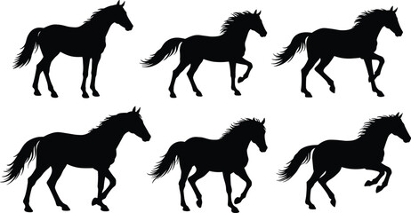 Obraz premium Horse silhouettes illustration, wild horse vector, running stallion outline, black horse shadow, equestrian art, galloping horse icon, animal graphic design