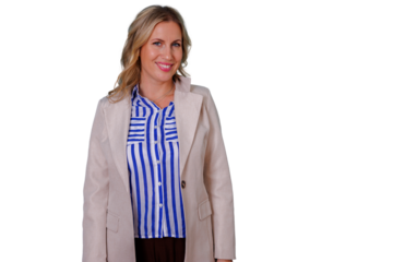 Blonde businesswoman smiling, posing confidently on a transparent background, representing professionalism and success