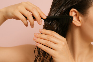 Woman combing wet brunette hair with black comb, personal grooming and haircare routine for healthy, shiny, smooth appearance