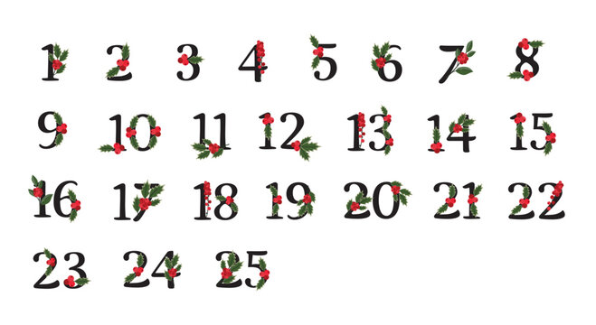 Winter botanical advent calendar numbers 1 to 25 with holly leaves and red berries, festive serif typography, vector design