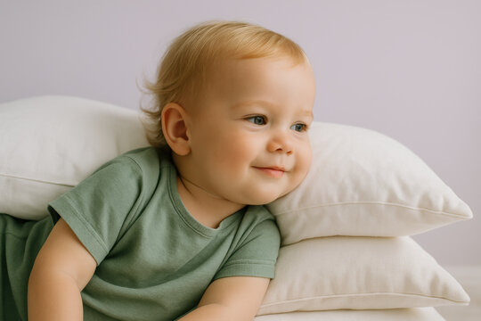 Smiling blonde toddler in green shirt lying comfortably on soft white pillows, relaxed and happy in bright indoor room - Powered by Adobe