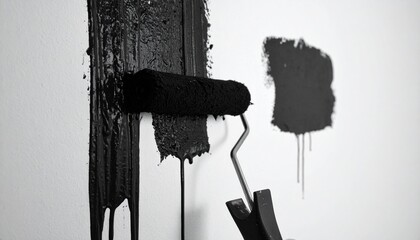 黒い外壁にペンキを塗るローラーが塗装の始まりを示すシーン