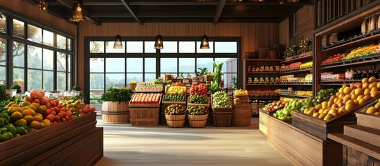 Interior of a Modern Grocery Store or Farmer's Market with Abundant Fresh Fruits and Vegetables in Rustic Wooden Displays