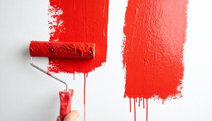 外壁を赤いペンキで塗装するローラーが二重のラインを重ねる鮮明な構図