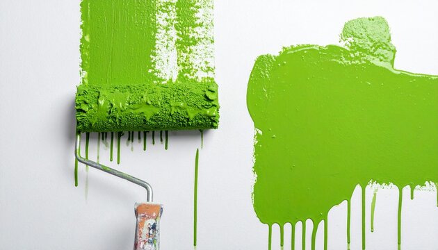 緑のペンキで外壁を塗装するローラーが中央にラインを作る鮮やかな瞬間