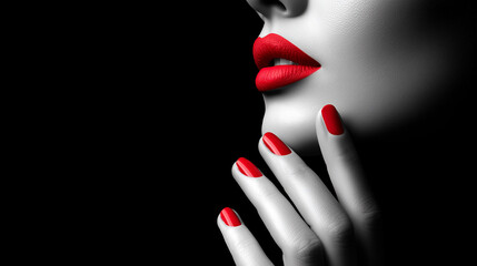 Monochrome close up of a woman's face and hand highlighted by bold red lips and red manicure on a black background.