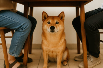 Alert shiba inu sitting under table between two people, attentive dog waiting indoors, cozy pet companionship at home