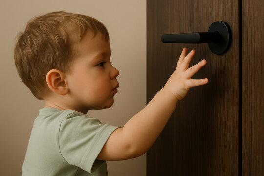 Curious toddler reaching for black door handle, innocent child exploring environment, safety risk at home, learning through touch