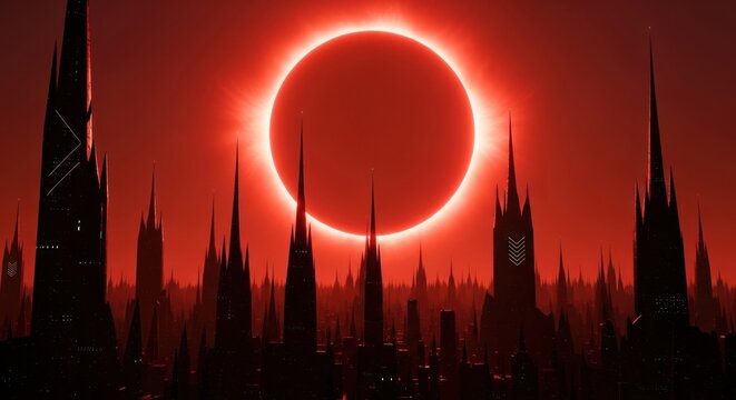 Eerie Red Eclipse Over a Gothic Cityscape Silhouette.
