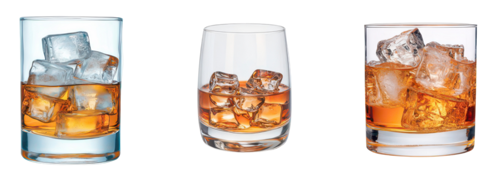 Whiskey in Glass: A refined still life presents three elegant glasses, each containing a carefully curated serving of amber-hued whiskey and crystalline ice, showcasing the artistry of mixology.